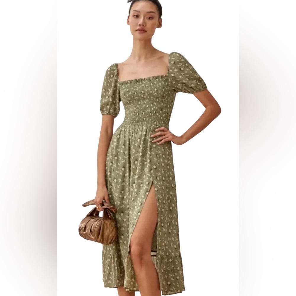 Reformation Meadow Midi Dress Size S Green Terrace Floral Puff S/S Smock Boho